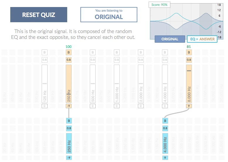 TrainYourEars Correct mode showing answer and solution EQ bands with comparison feedback