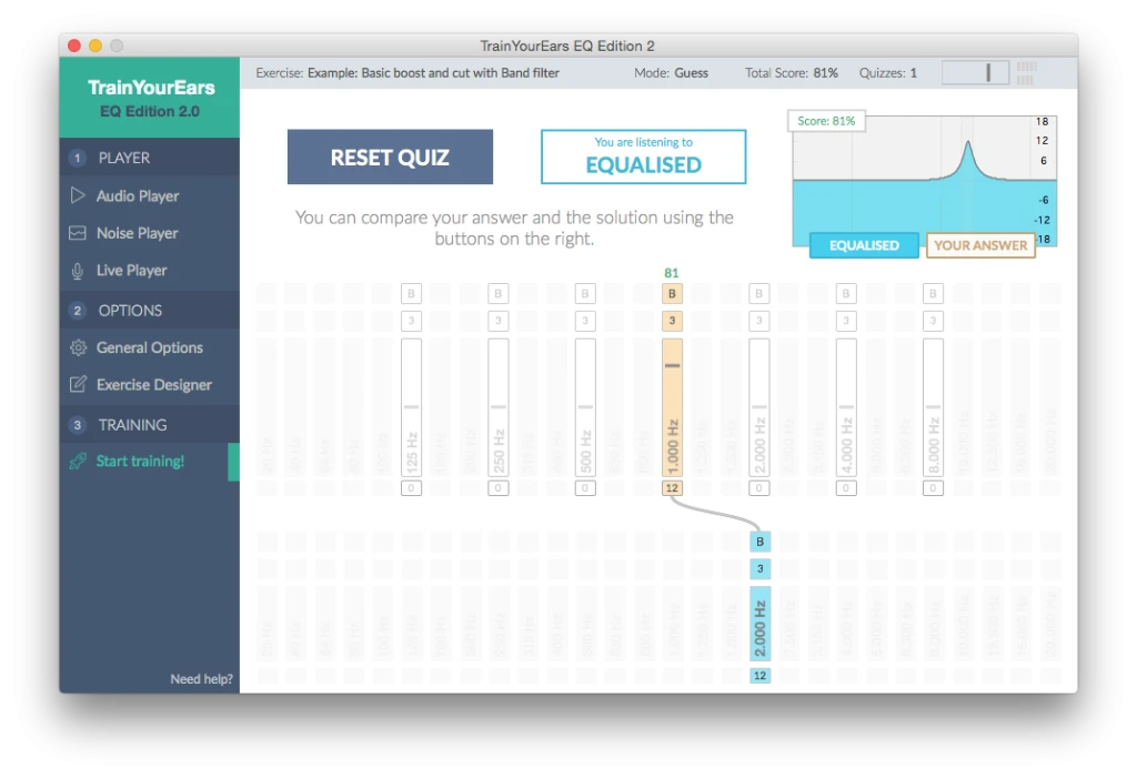 TrainYourEars Guess mode comparing a frequency answer with the correct solution and EQ curve