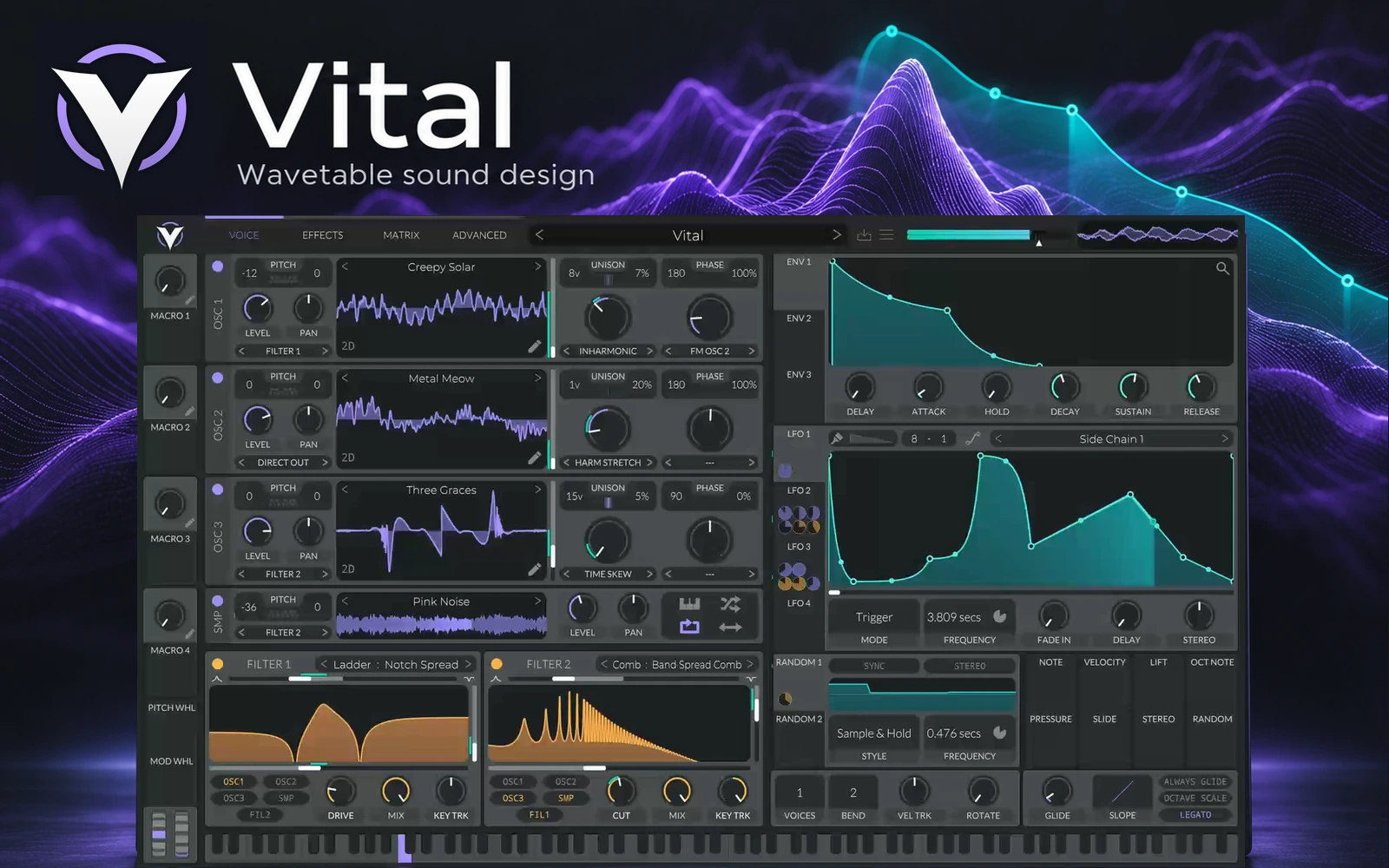 Editorial composition of Vital's wavetable synthesis and visual modulation interface with the official Vital logo.