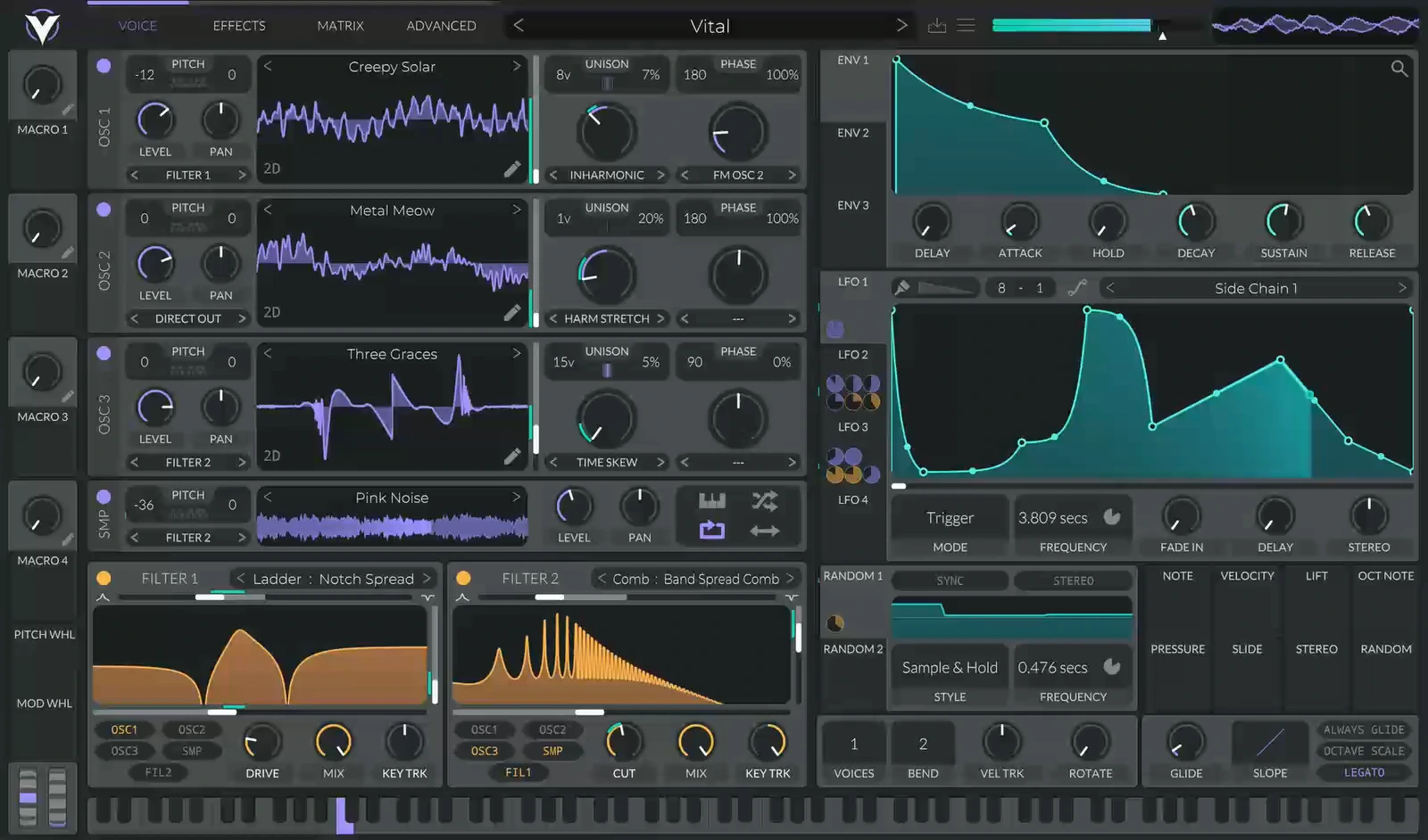 Vital showing wavetable oscillators, filter responses, an envelope and LFO modulation
